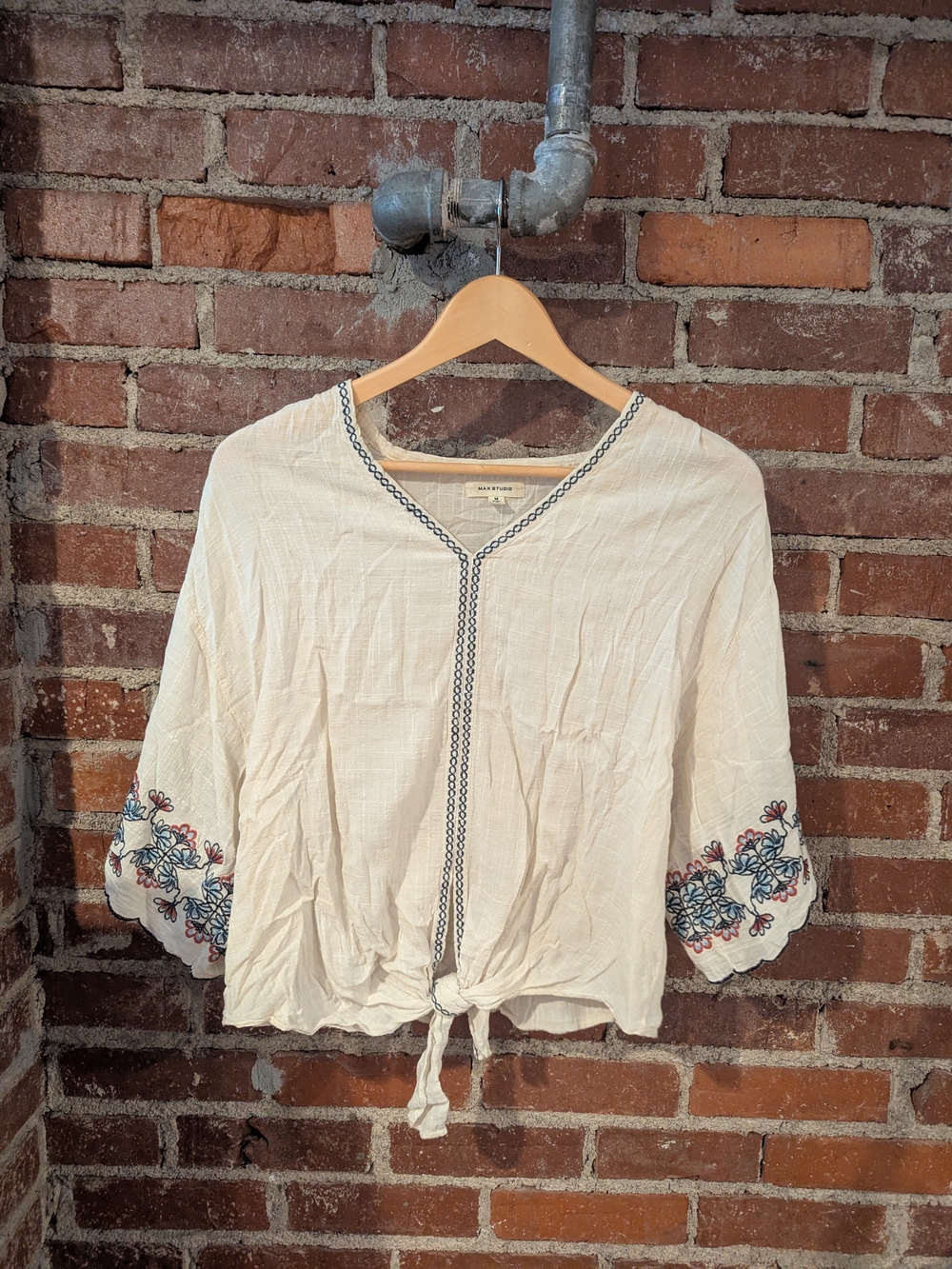 Max Studio Cream Embroidered Tie-Front Tunic